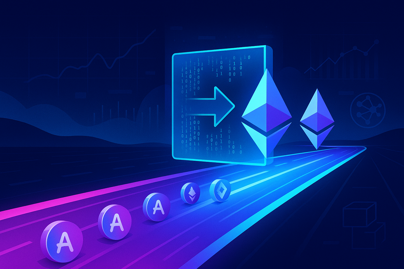 Abstract digital highway showing AAVE-like coins swapping into ETH-like tokens on a neon crypto pathway