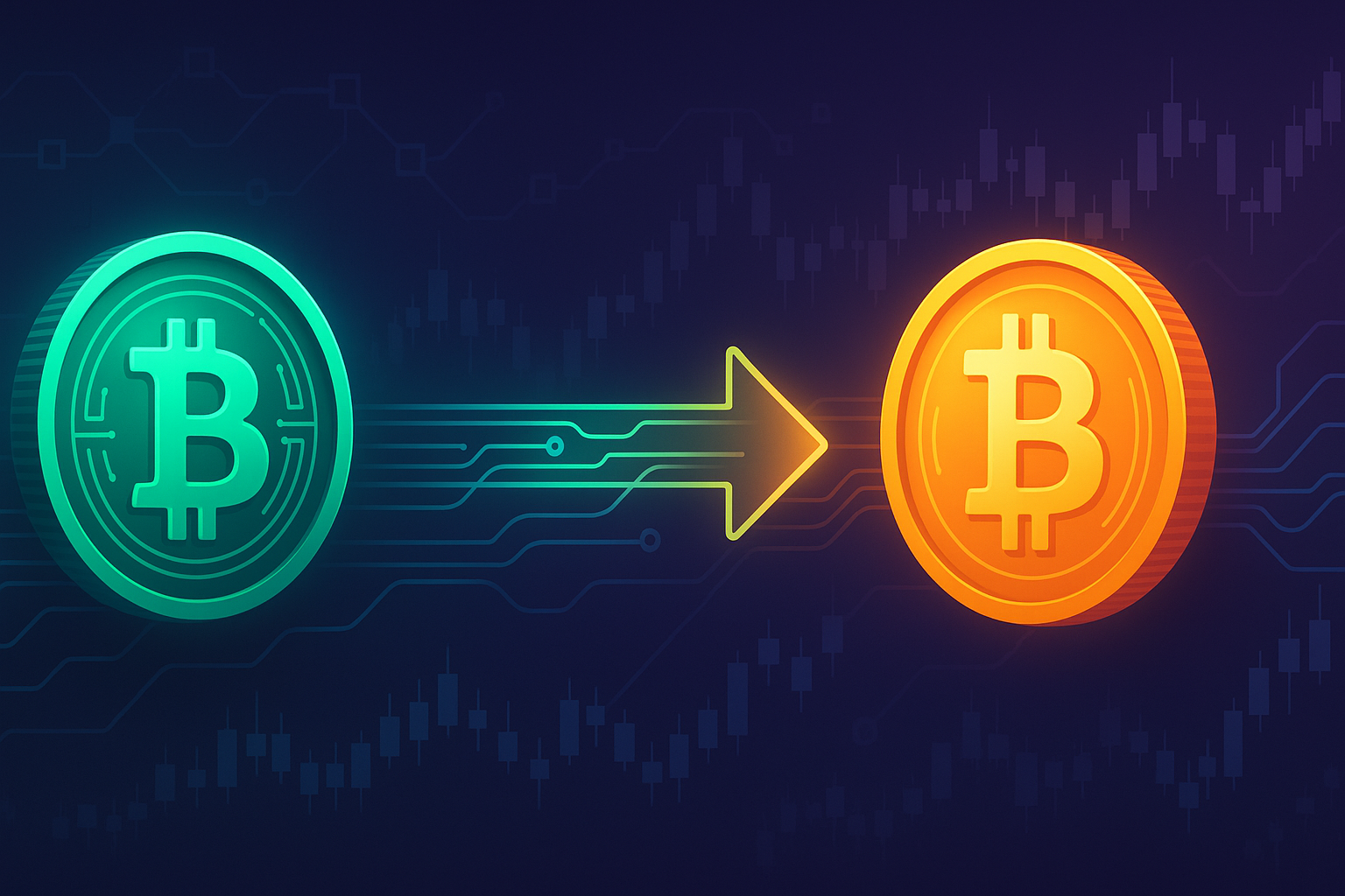 Digital interface banner showing BCH to BTC swap with neon arrow and candlestick charts