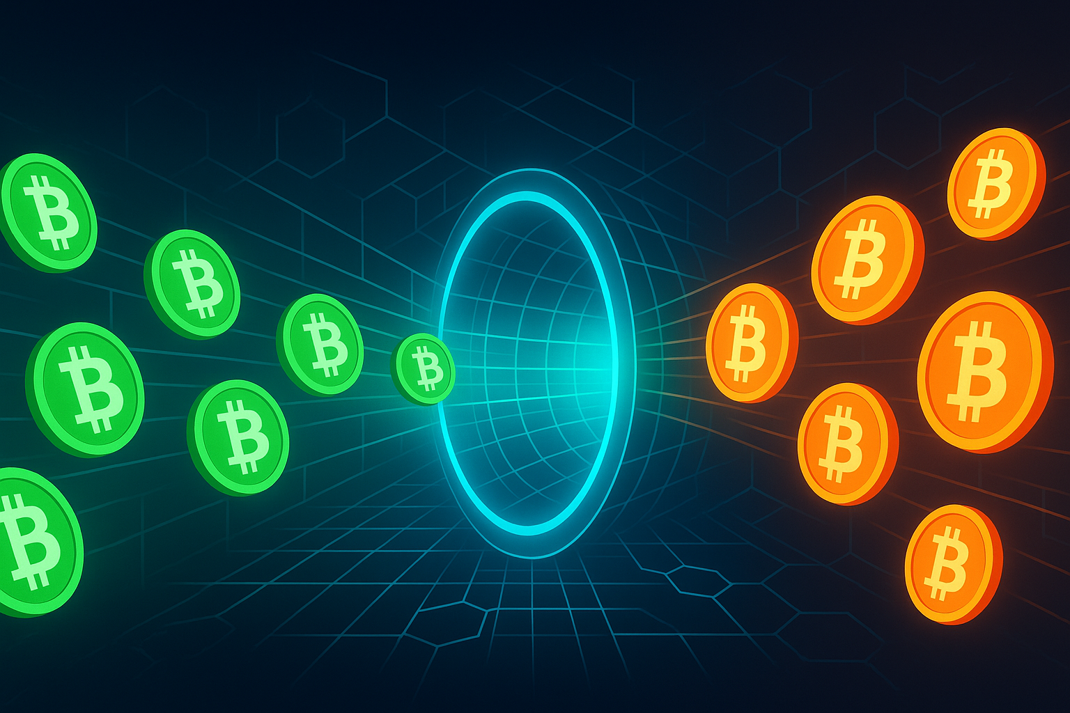 Abstract cross-chain tunnel visualizing a private BCH to BTC swap