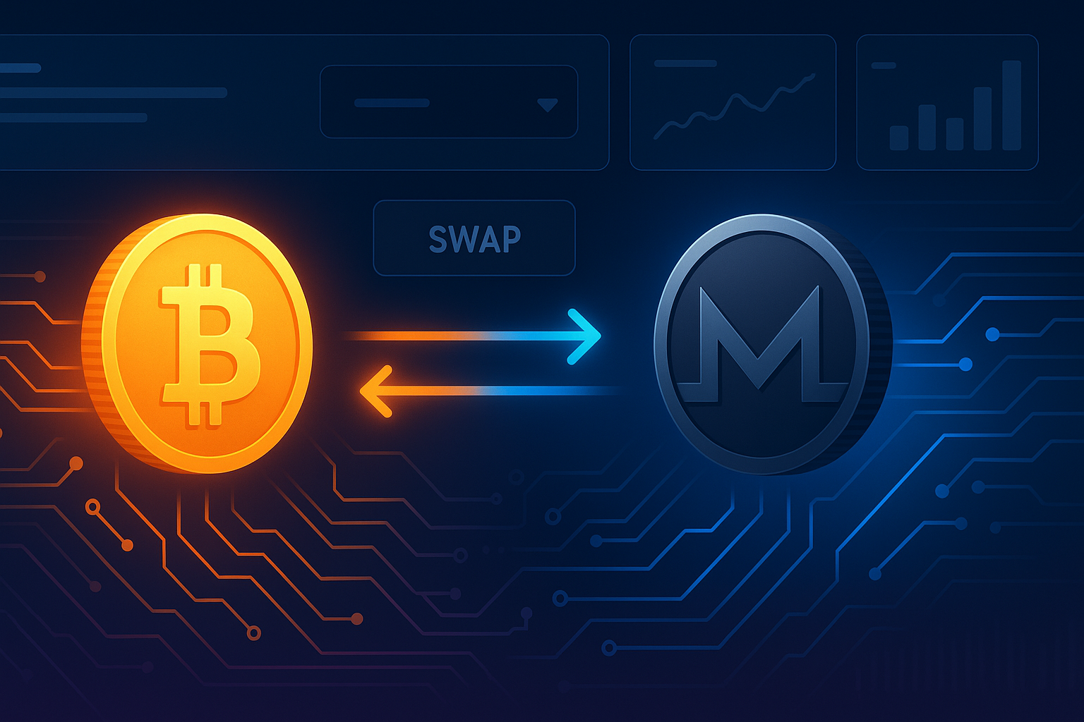 Futuristic crypto exchange interface swapping Bitcoin to Monero with neon arrows and charts