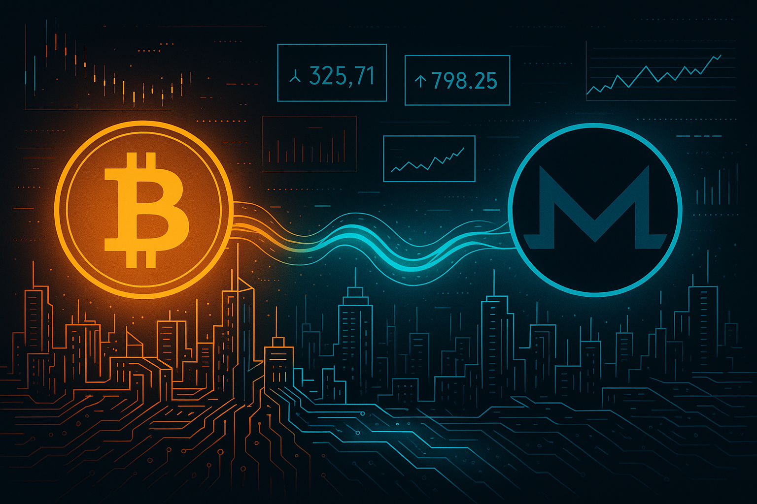 Futuristic crypto city showing Bitcoin converting into Monero via data stream