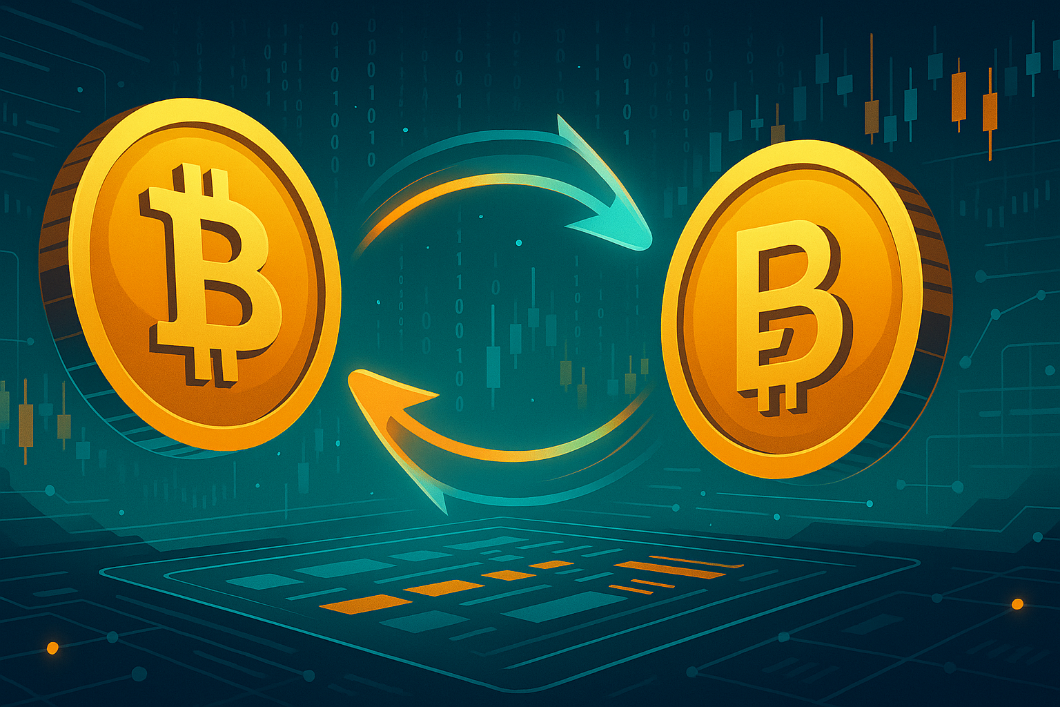 BTC to BCH swap illustration with floating coins and digital exchange interface