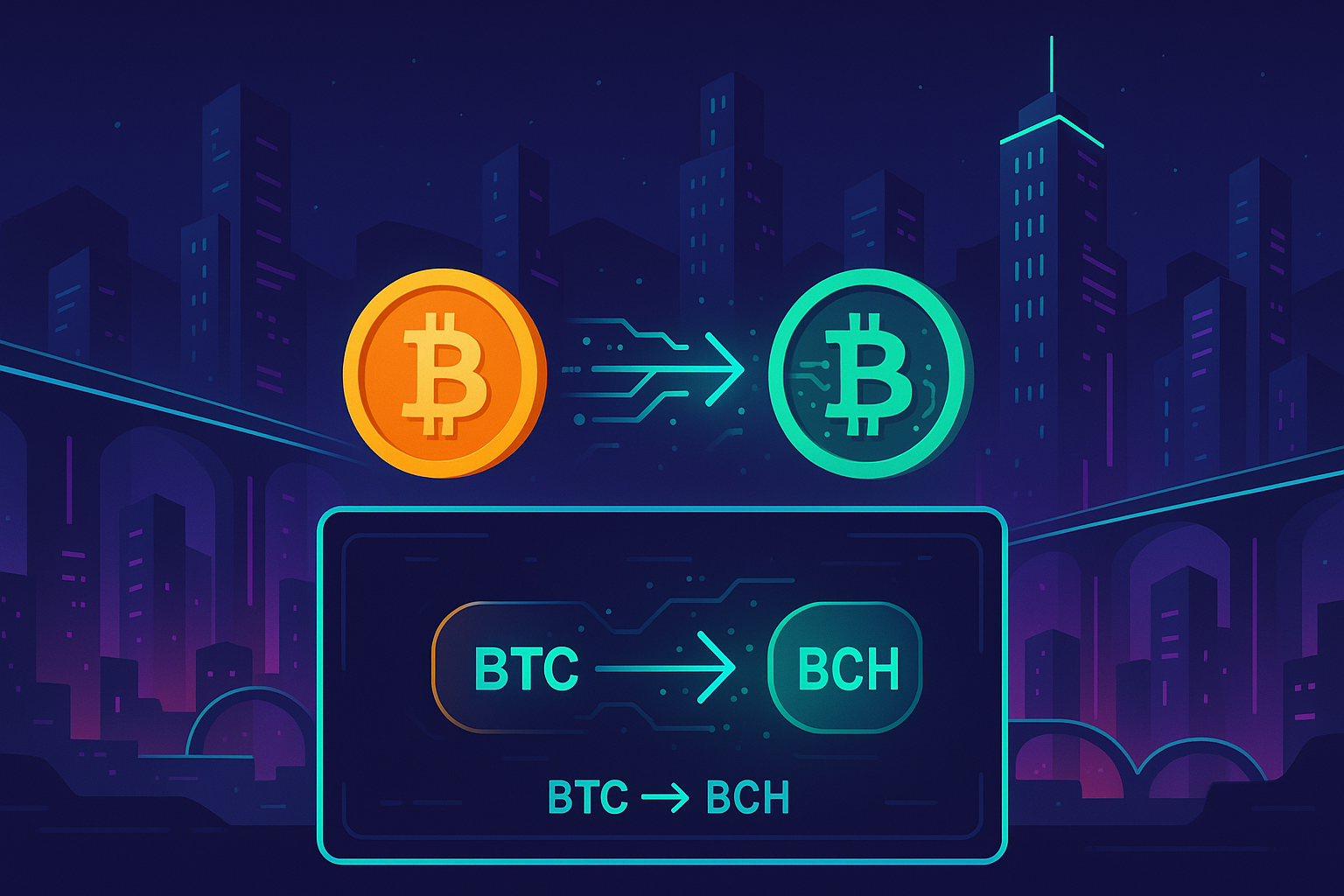 Futuristic crypto dashboard showing fast BTC to BCH swap in a neon blockchain city