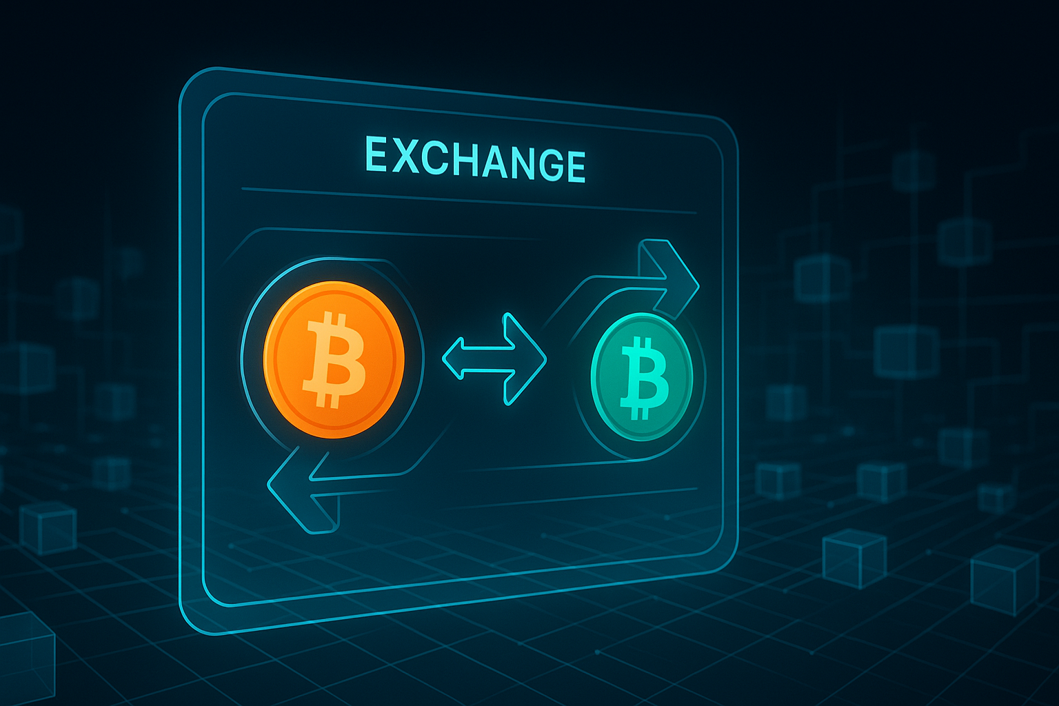 Holographic crypto exchange panel showing BTC to BCH swap flow