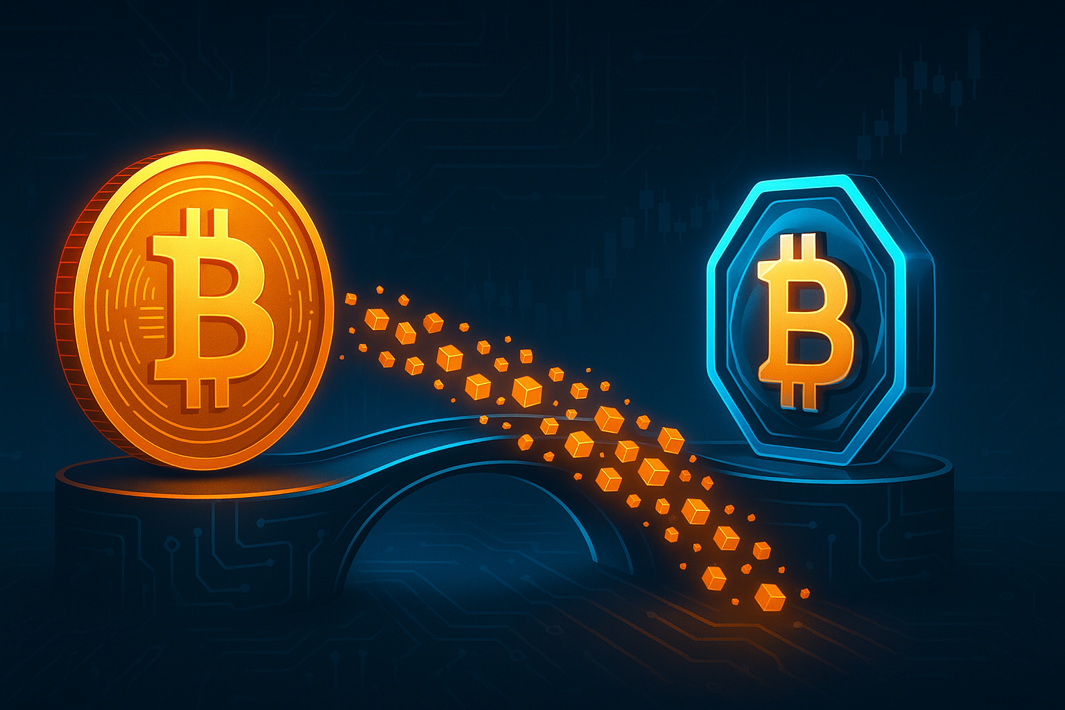 Digital bridge visualizing BTC to WBTC swap with data streams and crypto charts