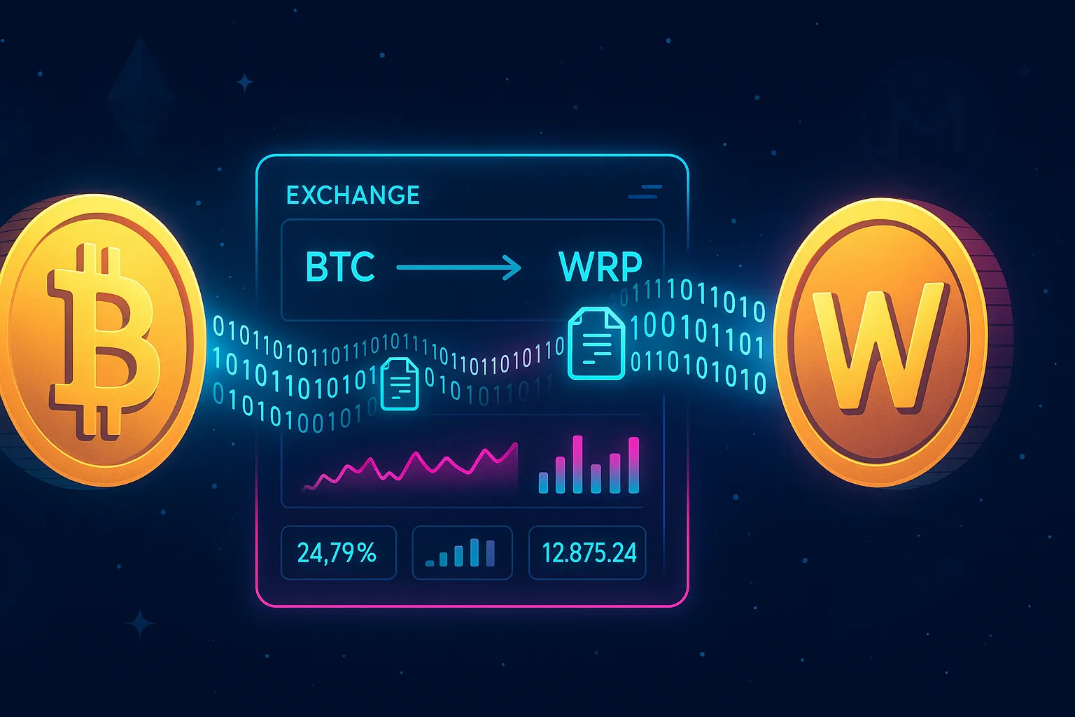 Sci‑fi crypto dashboard showing BTC morphing into WBTC via digital swap pipeline