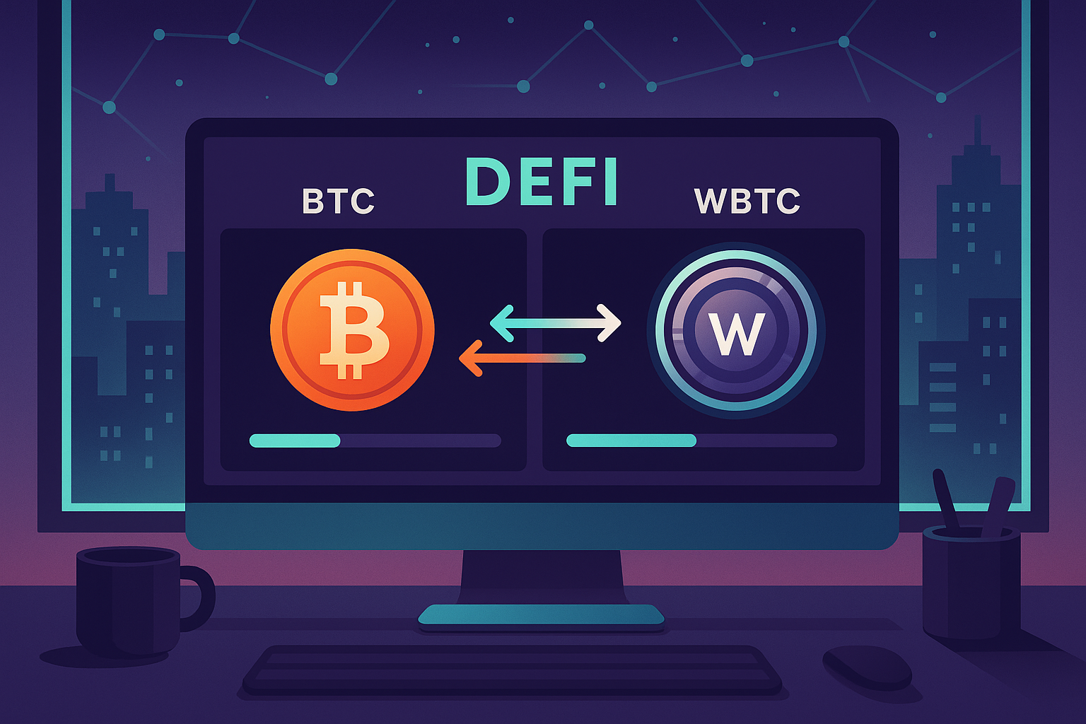 Futuristic DeFi terminal interface visualizing a live BTC to WBTC swap