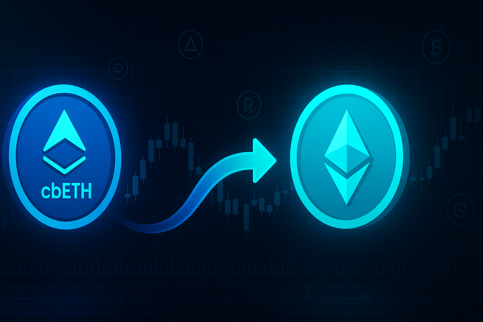Futuristic crypto trading interface showing cbETH to ETH token swap