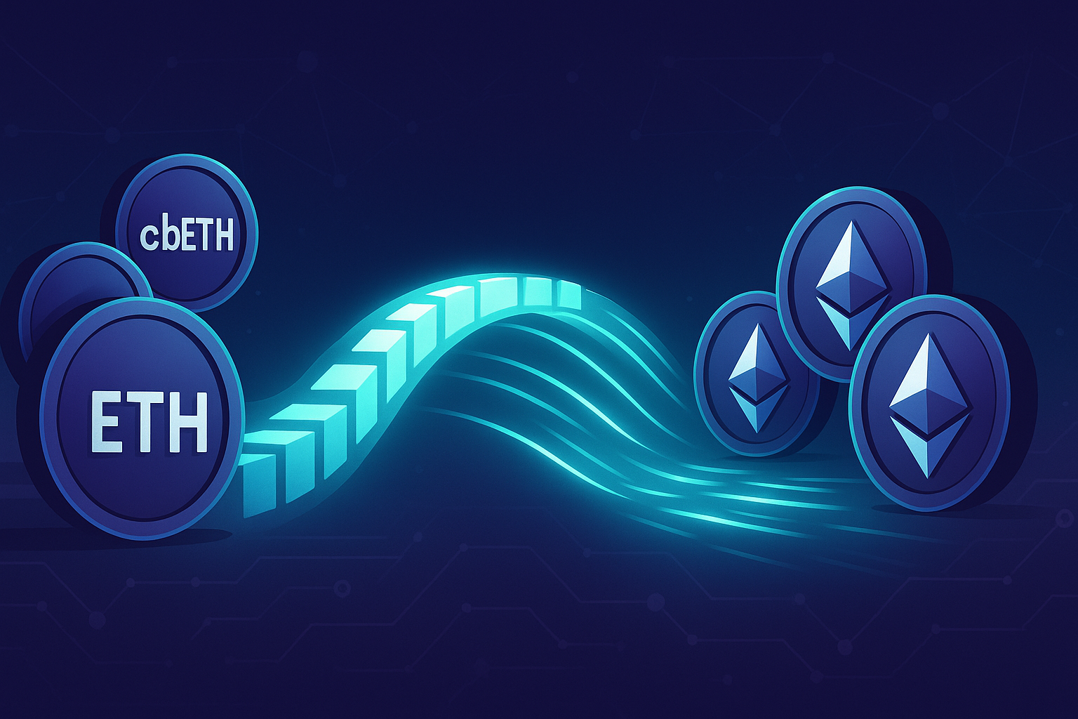 Abstract digital bridge swapping cbETH to ETH with glowing crypto coins and light streams