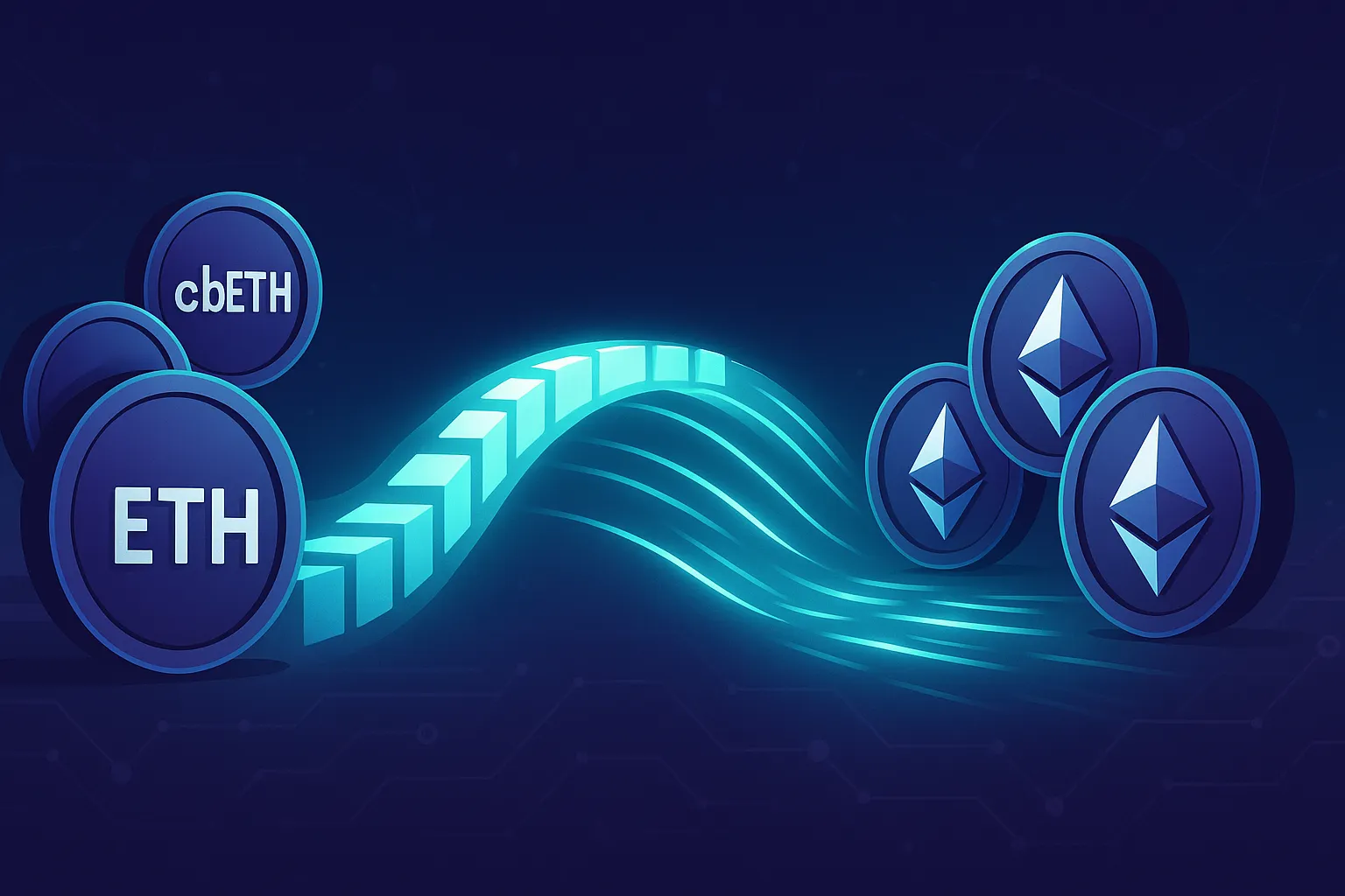Abstract digital bridge swapping cbETH to ETH with glowing crypto coins and light streams