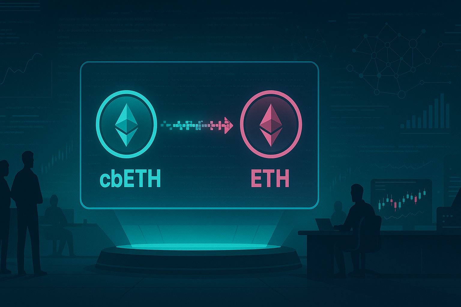Futuristic crypto control room visualizing a cbETH to ETH swap