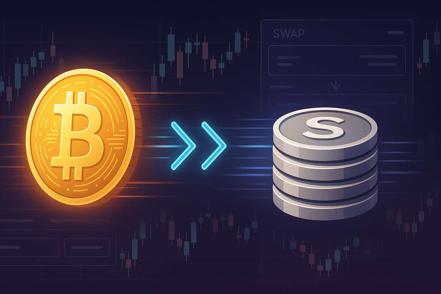 Fast Bitcoin to stablecoin swap with futuristic crypto trading interface