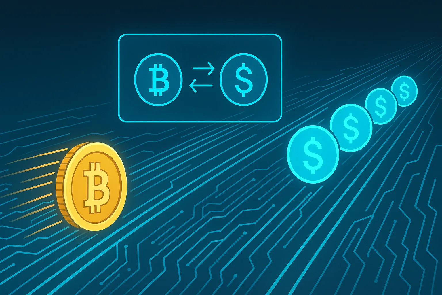 Bitcoin racing down a digital highway and converting into stablecoins on a fast crypto swap interface