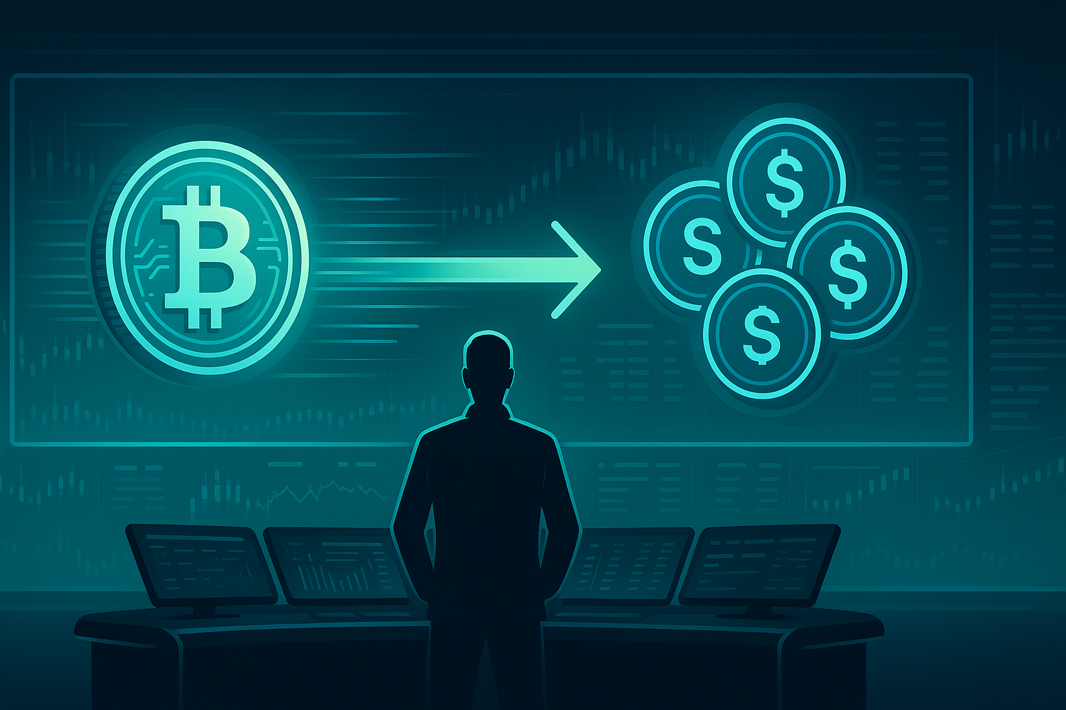 Trader in crypto control room swapping Bitcoin to stablecoins instantly