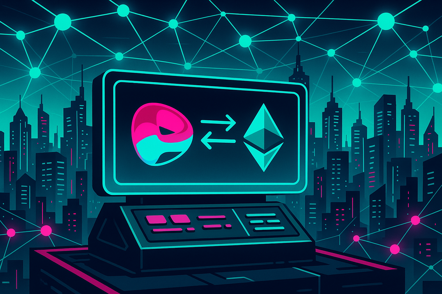 Futuristic crypto terminal swapping CRV-style token to ETH in neon cyberpunk city