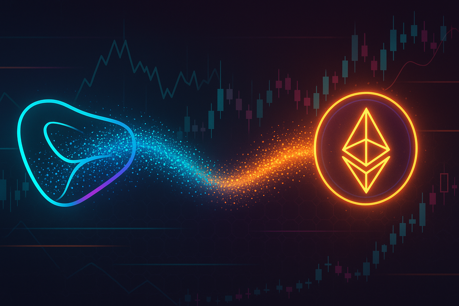 Abstract DeFi banner showing CRV to ETH token swap with particle flow and neon trading charts