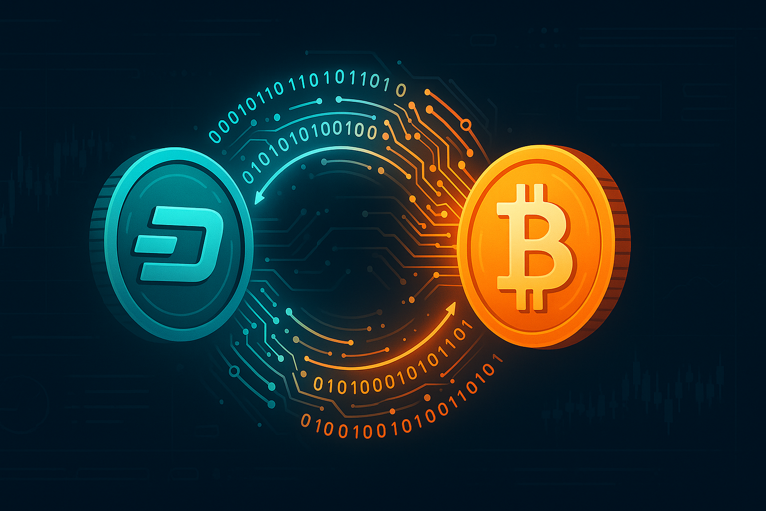 Futuristic dashboard banner showing Dash to BTC swap with neon crypto exchange graphics