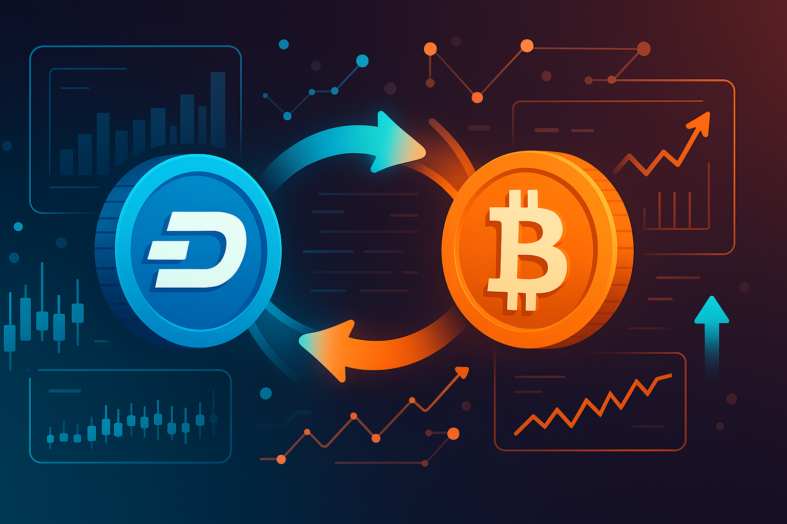 Futuristic trading interface visualizing a Dash to Bitcoin crypto swap