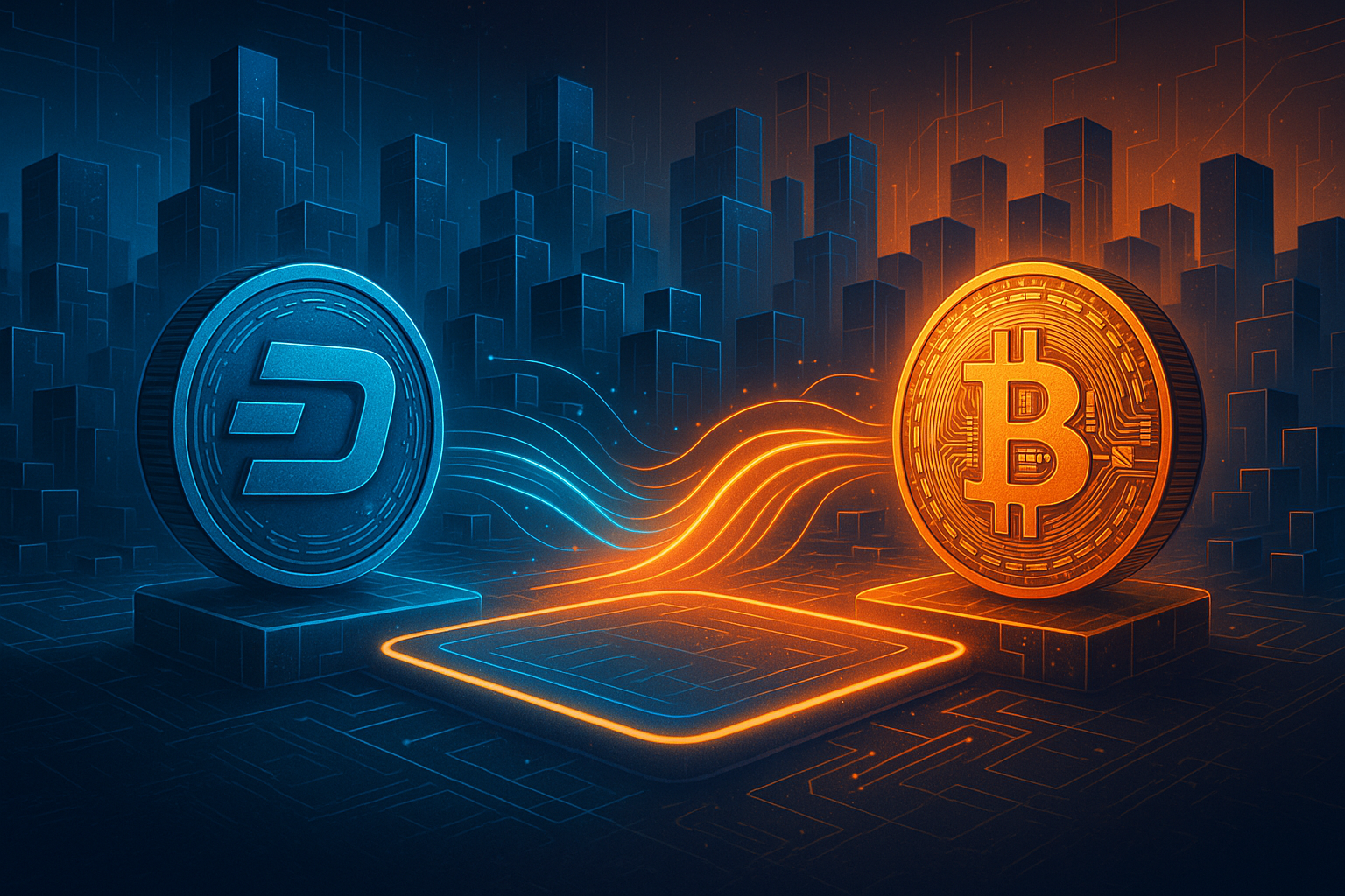 Digital city with Dash to Bitcoin swap on glowing crypto exchange platform