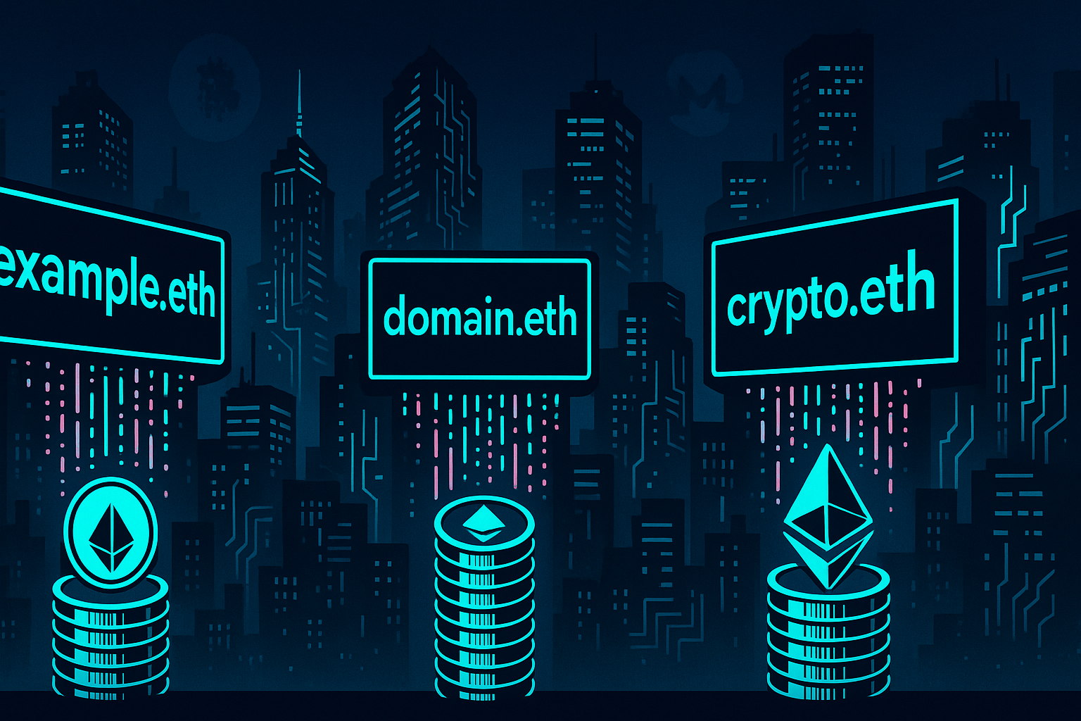 Futuristic crypto city with ENS domains converting into Ethereum coins at night