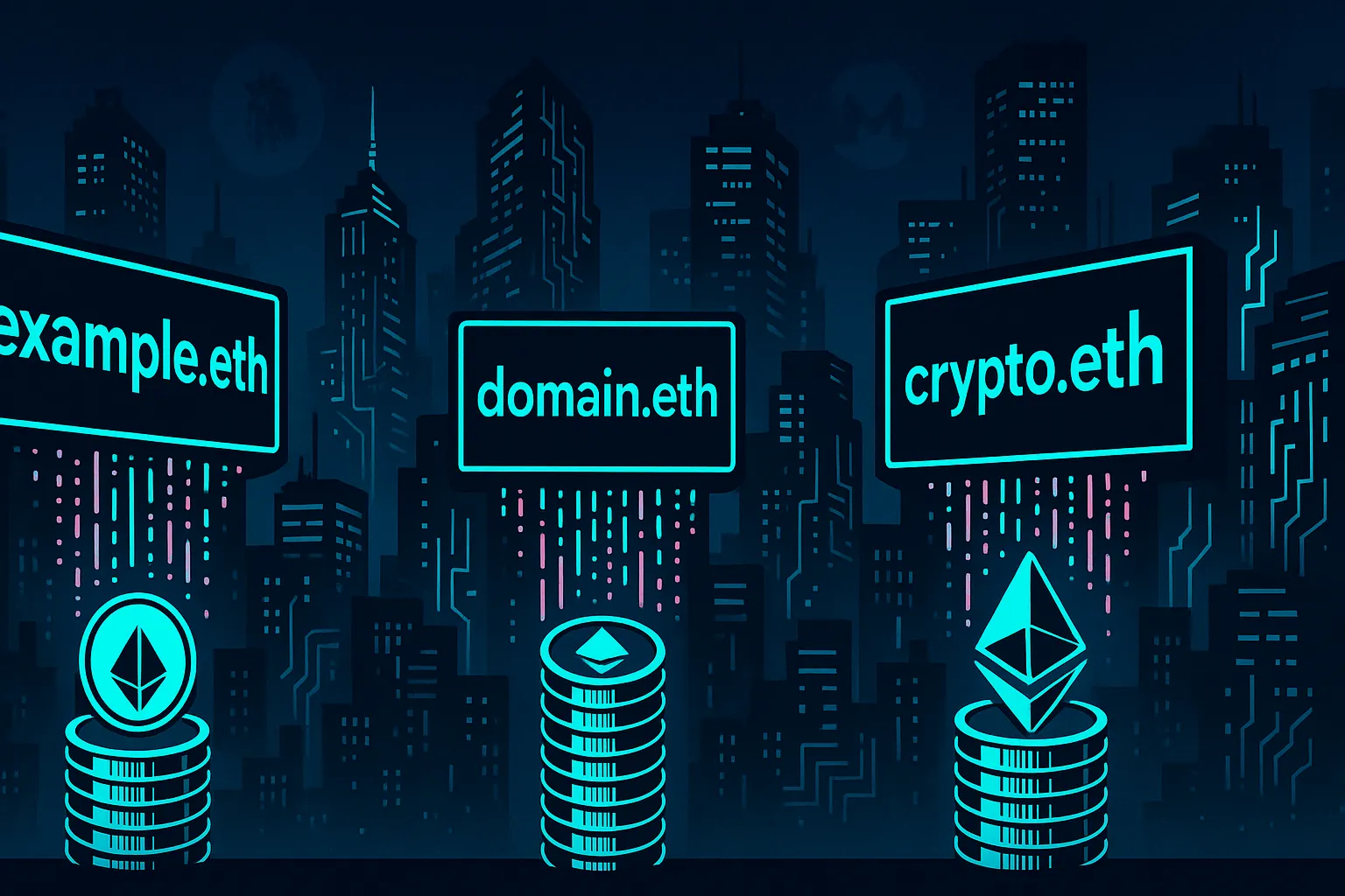 Futuristisch ogende cryptostad met ENS-domeinen die 's nachts worden omgezet in Ethereum-munten.