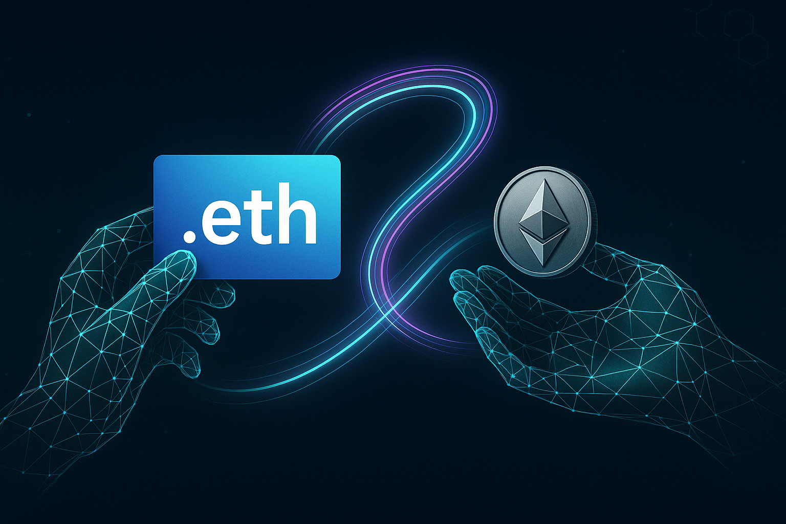 Polygonal hands swapping a .eth domain card for an Ethereum coin with neon data ribbon