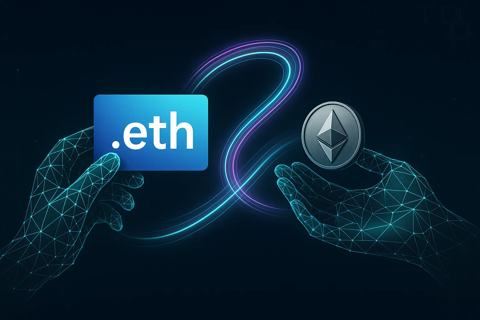 Veelhoekige handen die een .eth-domeinkaart ruilen voor een Ethereum-munt met een neonkleurig datalint.