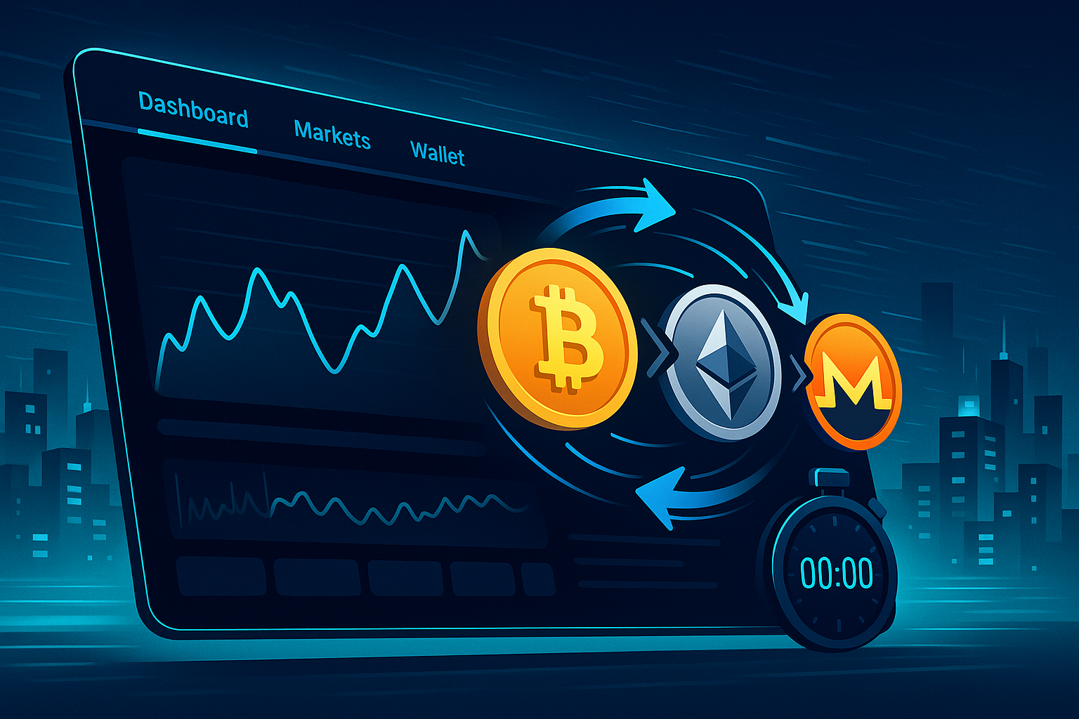 Fast crypto swap dashboard with BTC, ETH and XMR coins in dark-mode 3D