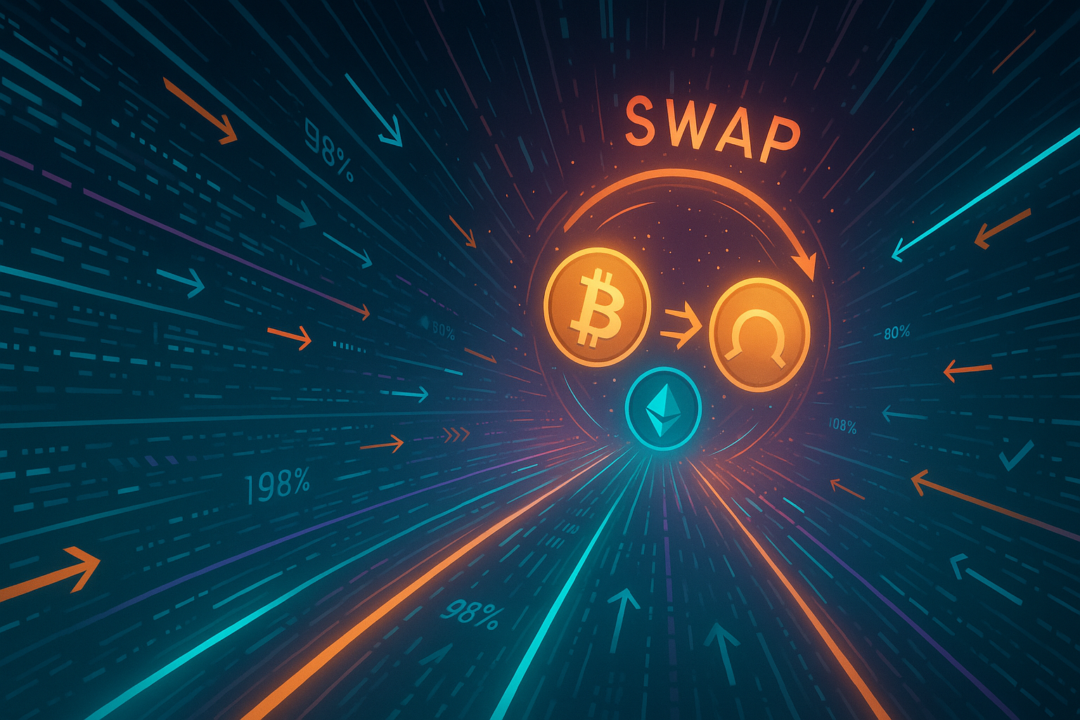 High-speed sci-fi crypto swap tunnel merging multiple digital coins