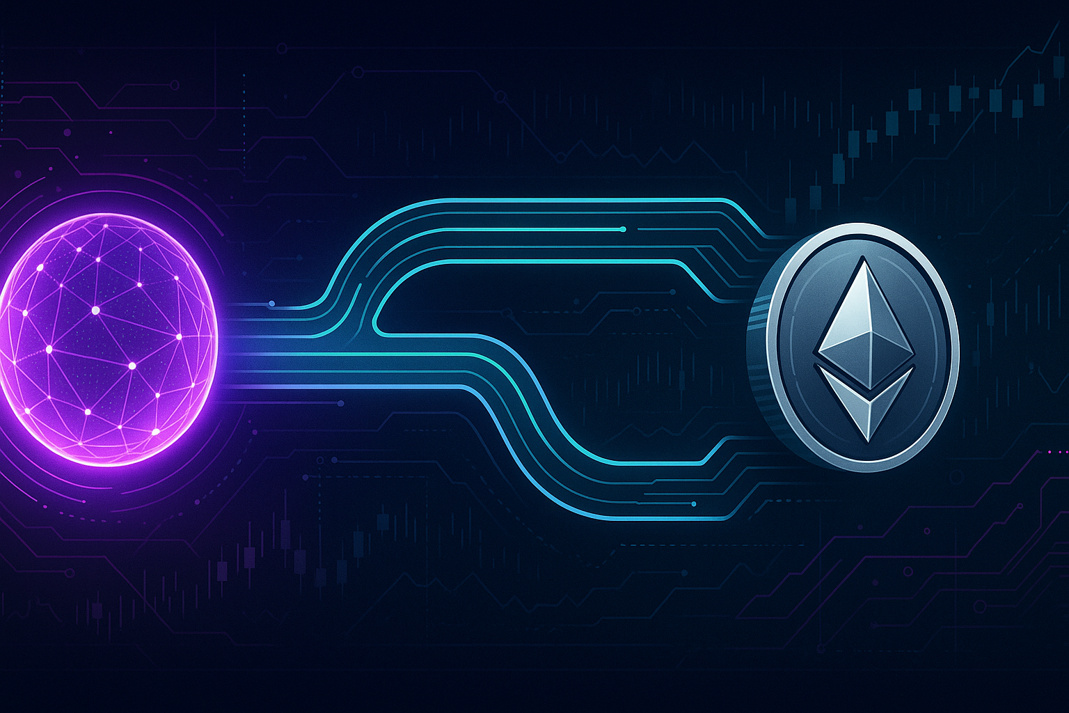 Futuristic crypto interface visualizing a private GRT to ETH token swap