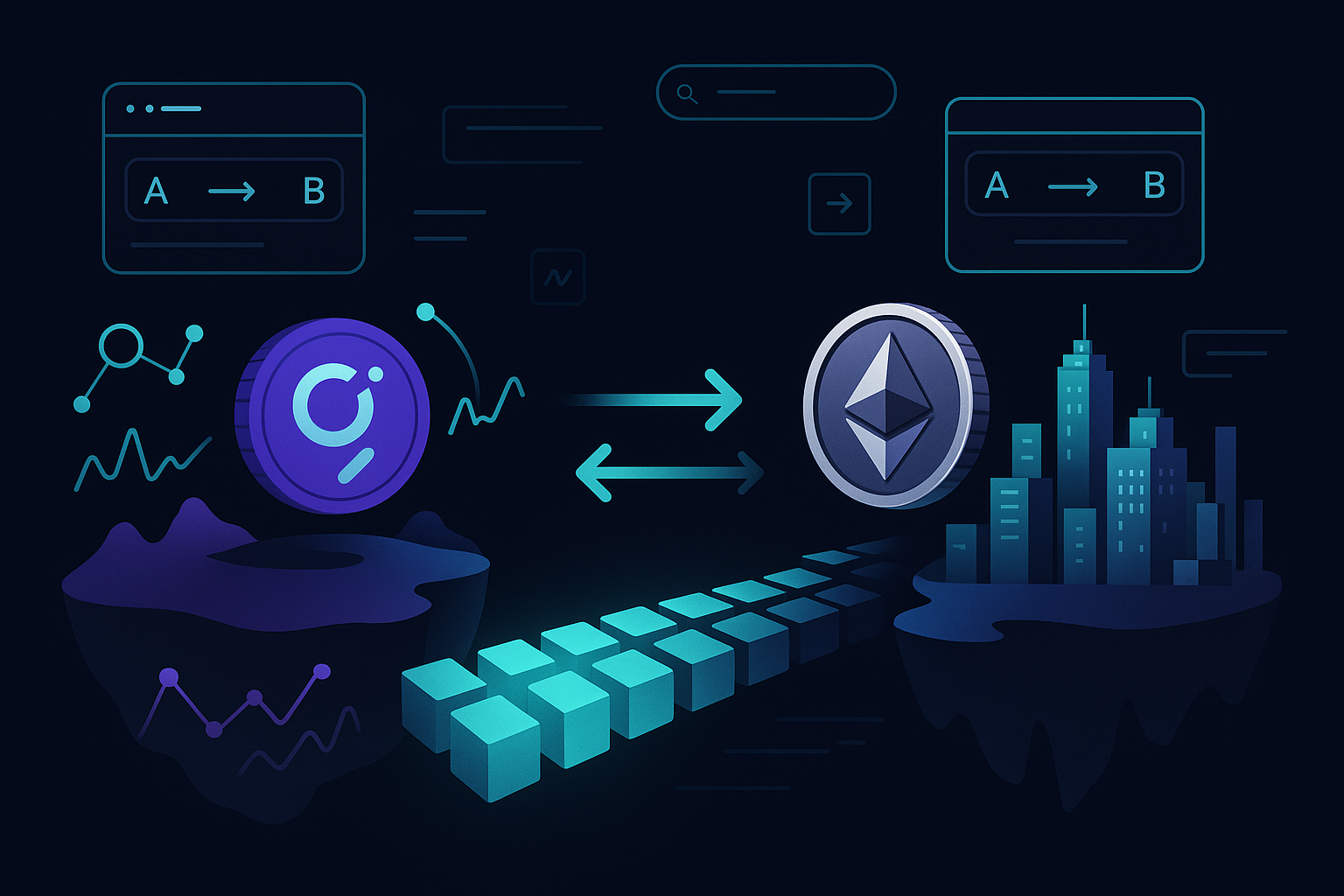 Digital bridge illustration showing GRT to ETH crypto swap between data and DeFi islands