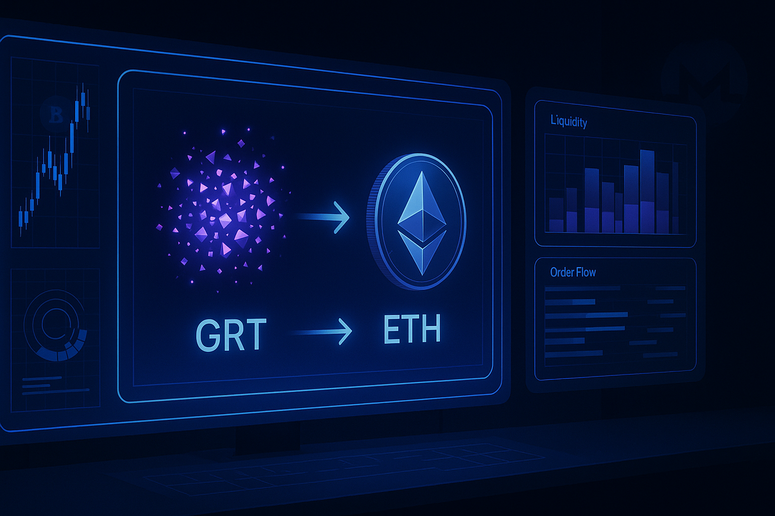 Sci-fi trading dashboard visualizing a GRT to ETH token swap with charts and crypto data