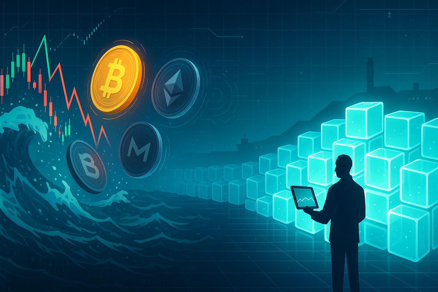 Crypto trader shielded by stablecoin wall from volatile candlestick waves