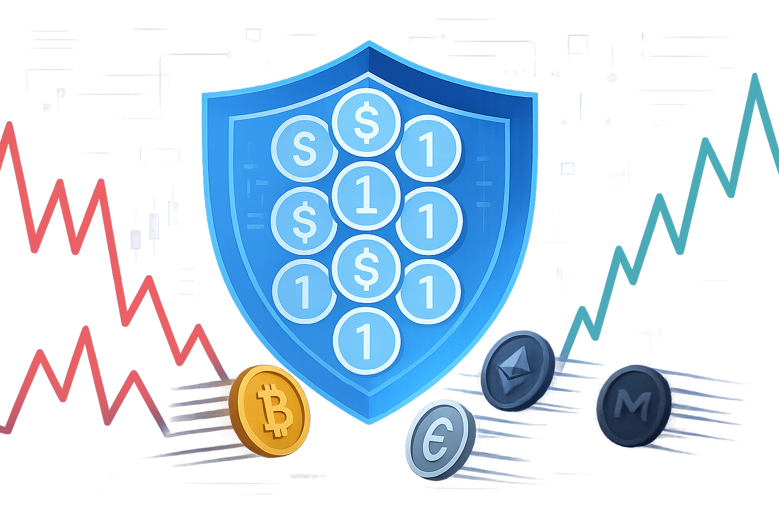 Digital shield of stablecoins blocking volatile crypto price waves