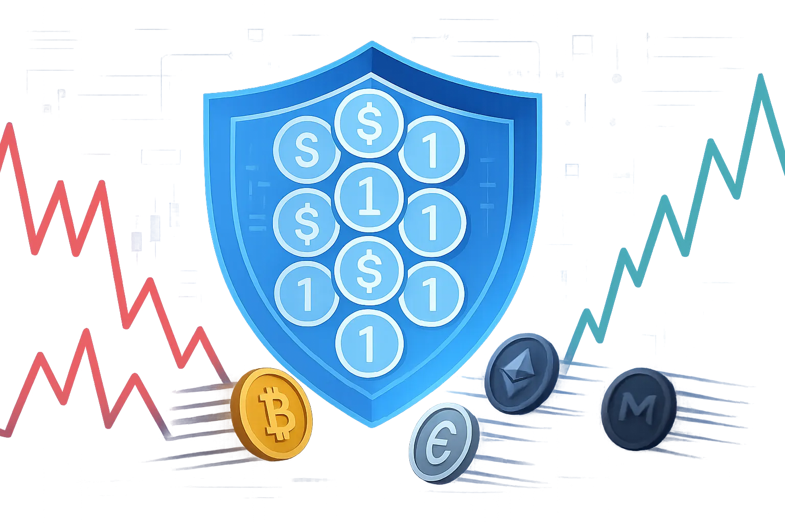 Scudo digitale di stablecoin che blocca le ondate volatili dei prezzi delle criptovalute