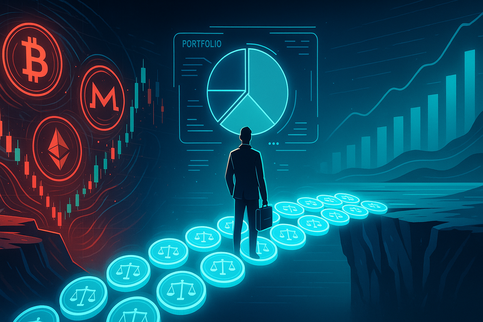 Futuristic trader hedging crypto volatility by crossing a glowing stablecoin bridge between chaotic and stable markets