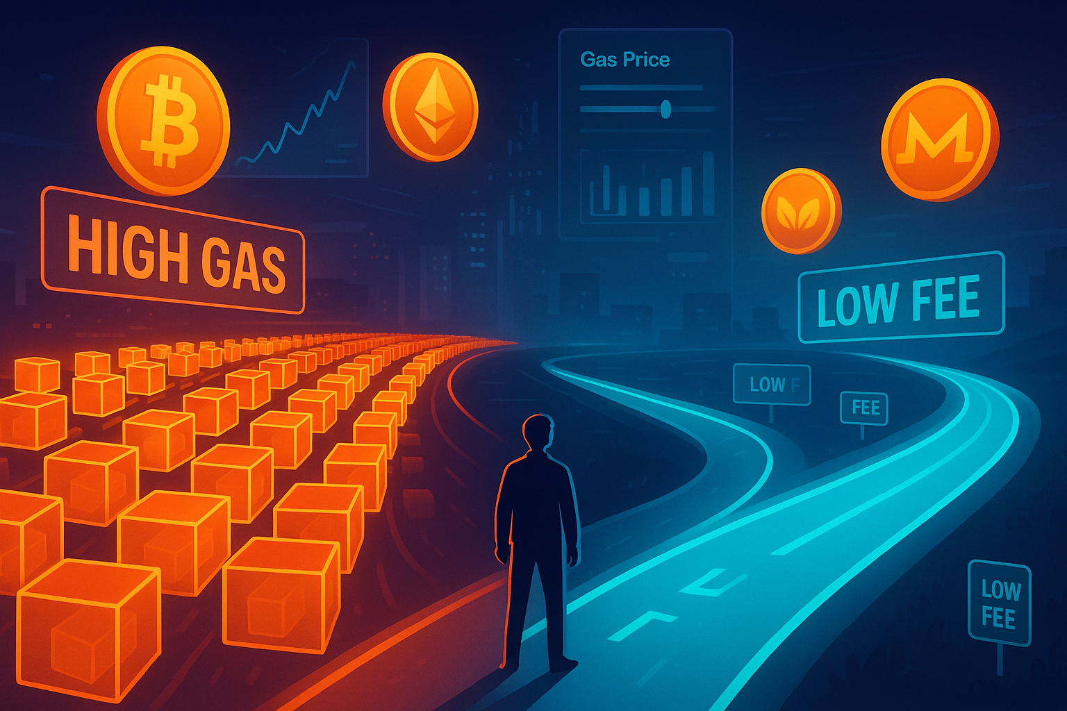 Trader at digital crossroads choosing low-fee blockchain path over congested high gas lane