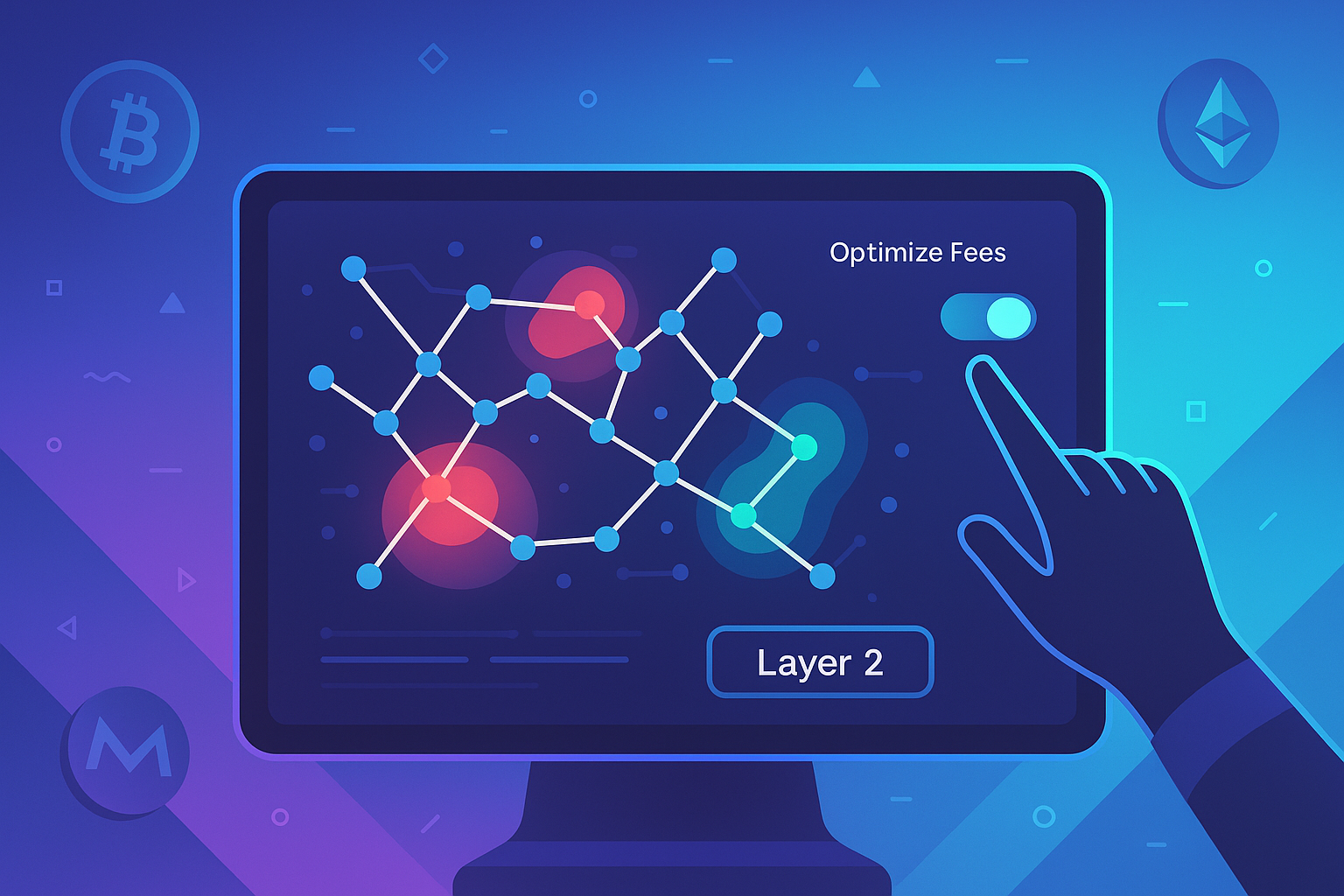 Futuristic crypto dashboard showing blockchain fee heatmap and optimize gas fees toggle