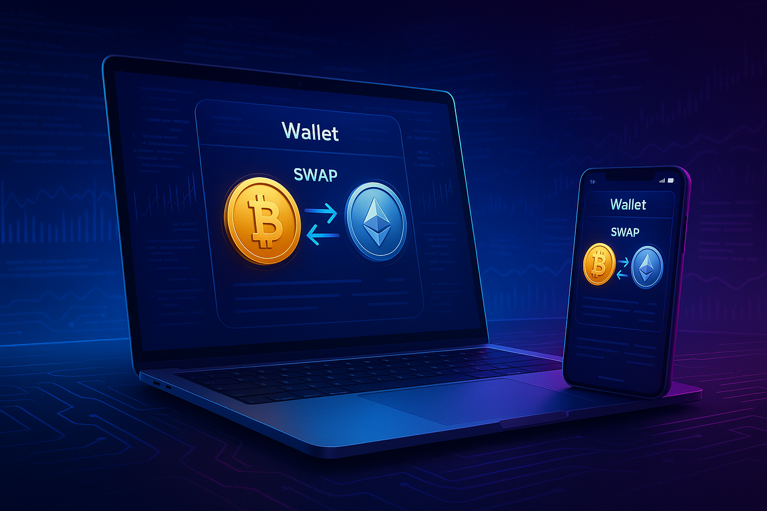 Laptop and phone showing a crypto swap wallet interface on a neon desk