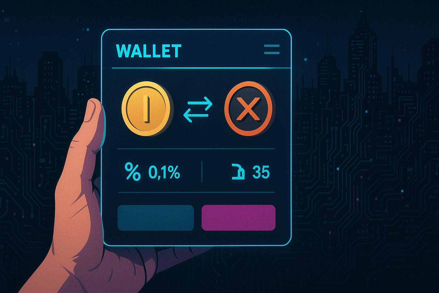 Hand holding holographic crypto wallet interface showing token swap in a neon cityscape