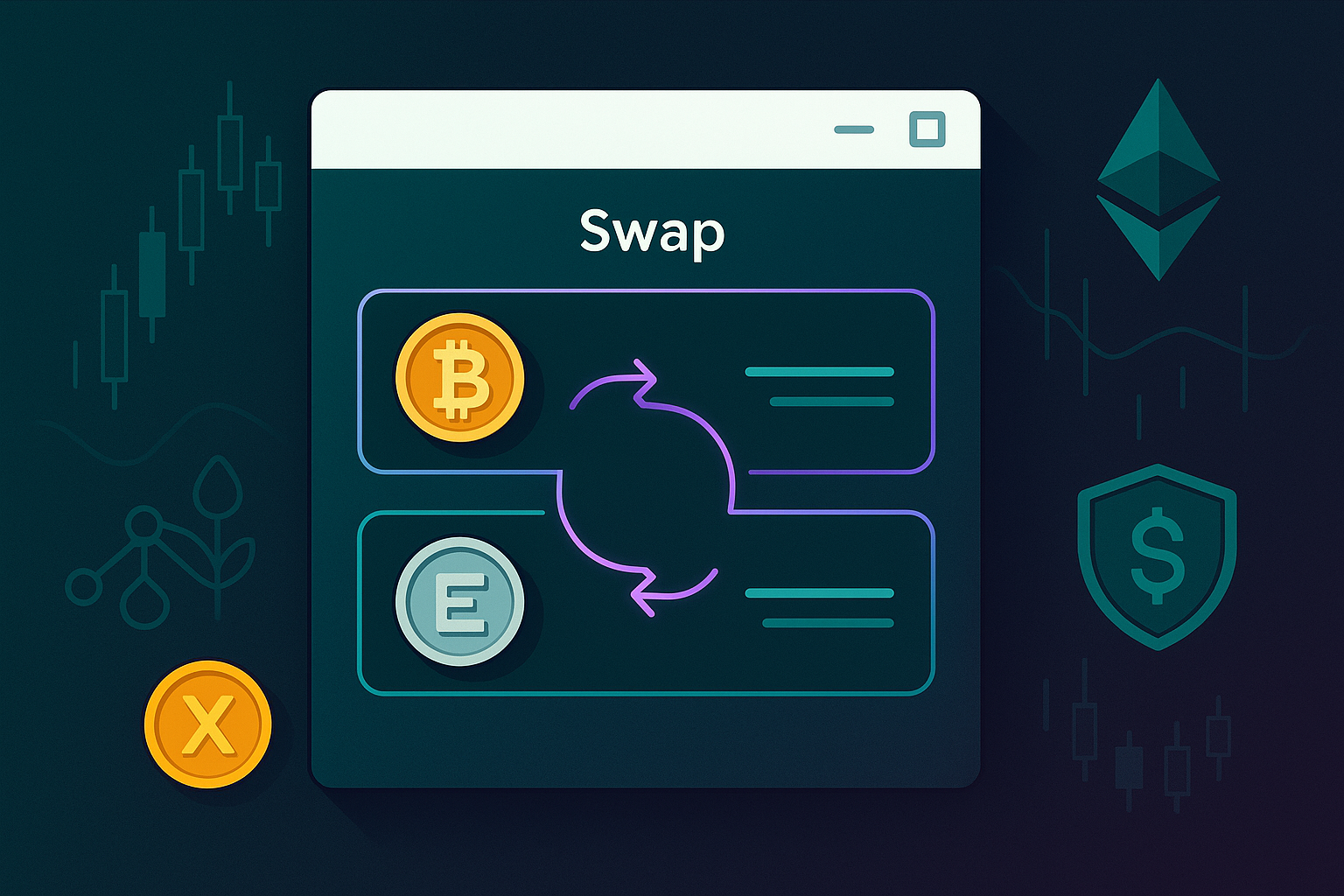 Futuristic browser extension swap interface with stacked crypto token fields and neon arrows