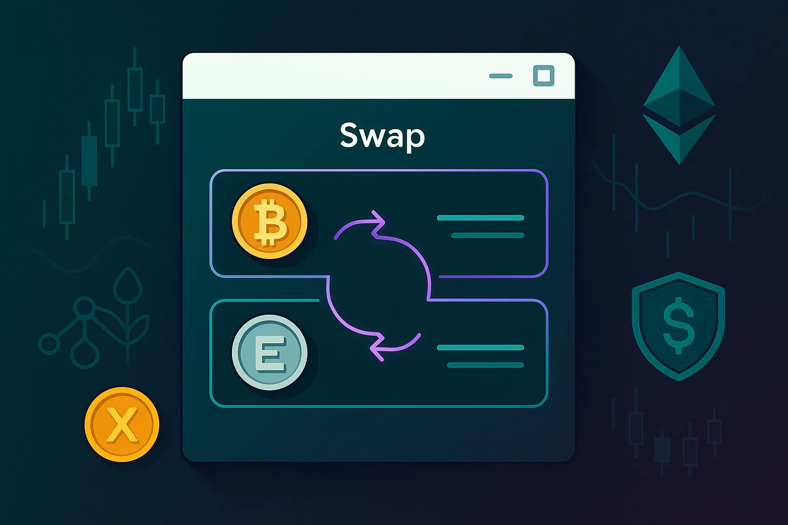 Futuristic browser extension swap interface with stacked crypto token fields and neon arrows