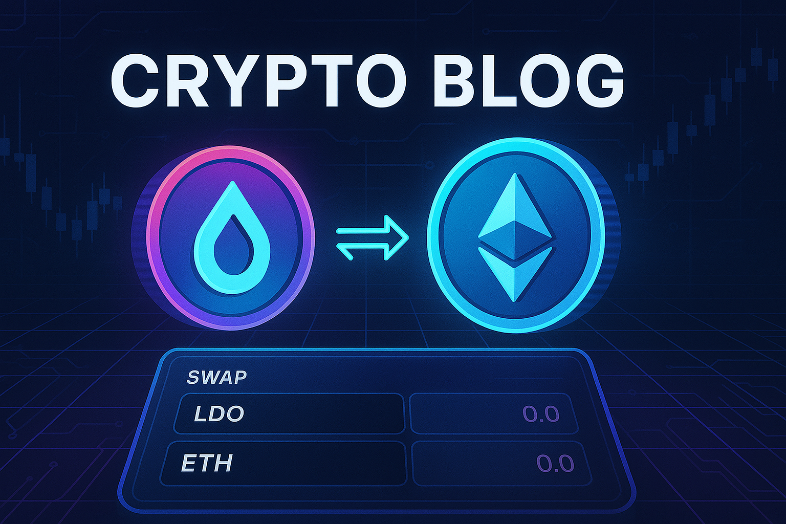 Decentralized exchange interface visualizing an LDO to ETH swap on a futuristic crypto grid