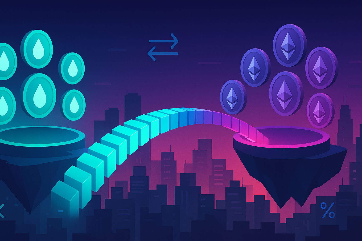 Digital bridge connecting LDO-like and ETH-like tokens in a neon cyber city swap scene