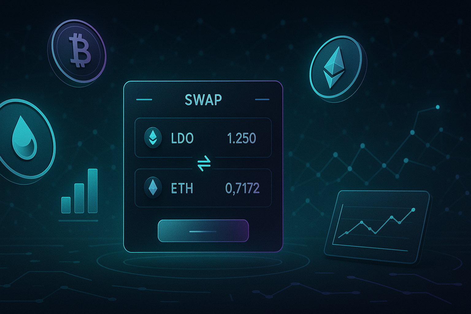 Trader dashboard showing LDO to ETH swap on holographic crypto interface in dark mode