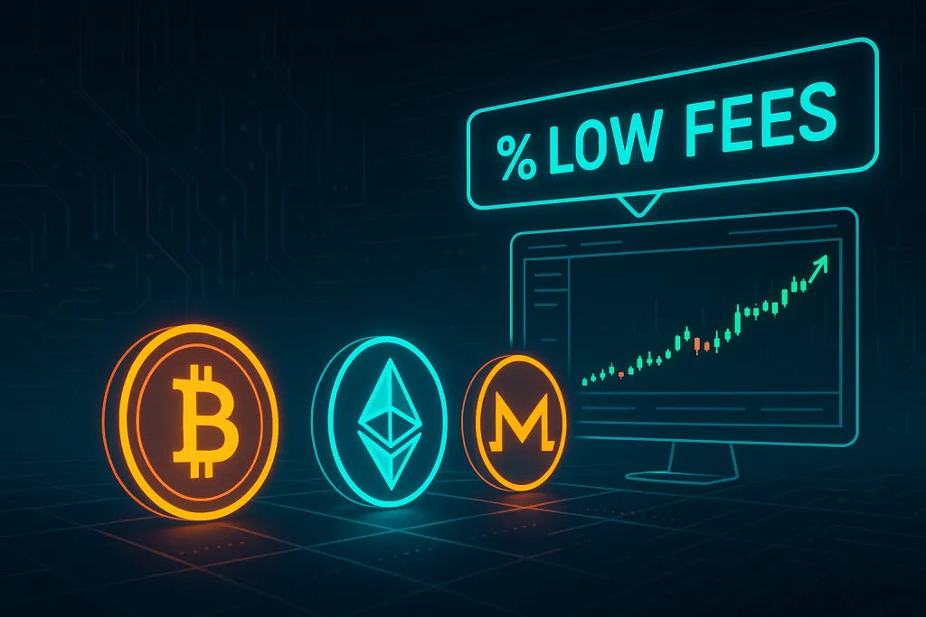 Futuristic crypto exchange dashboard showing low trading fees with glowing digital coins and charts