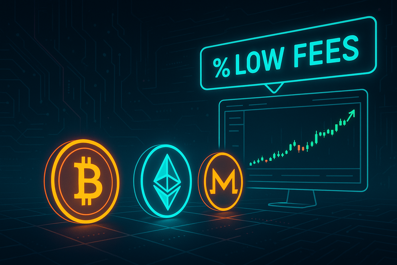 Futuristic crypto exchange dashboard showing low trading fees with glowing digital coins and charts