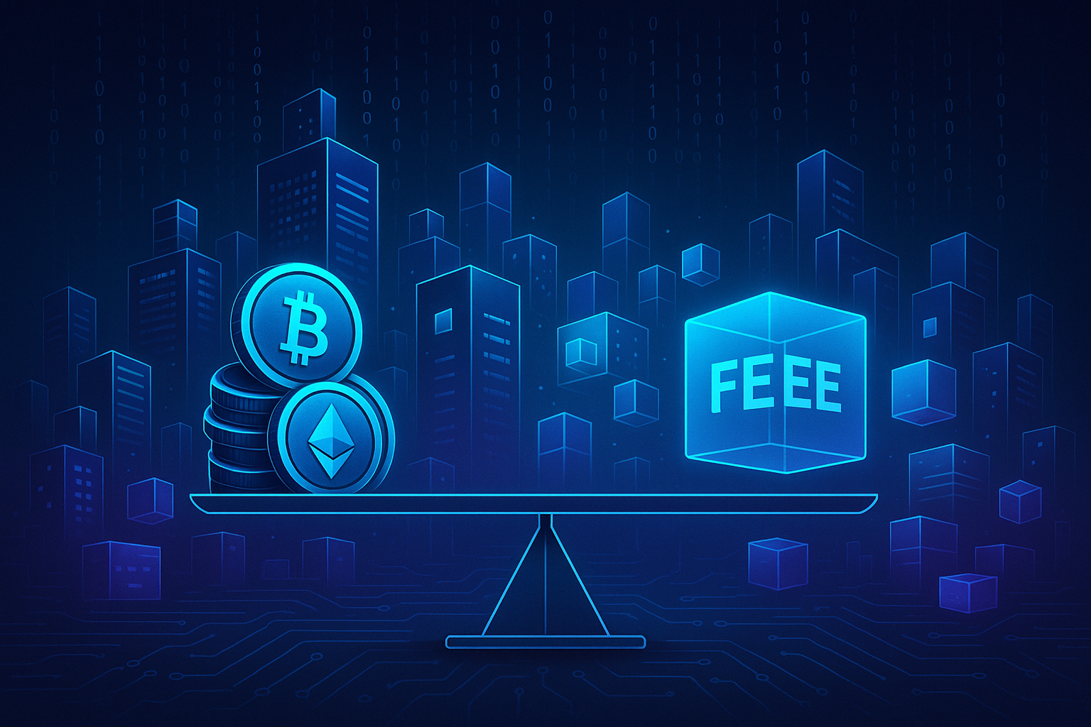 Futuristic crypto city with scales showing ultra-low trading fees