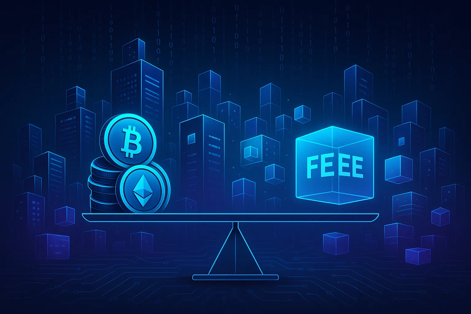 Futuristic crypto city with scales showing ultra-low trading fees
