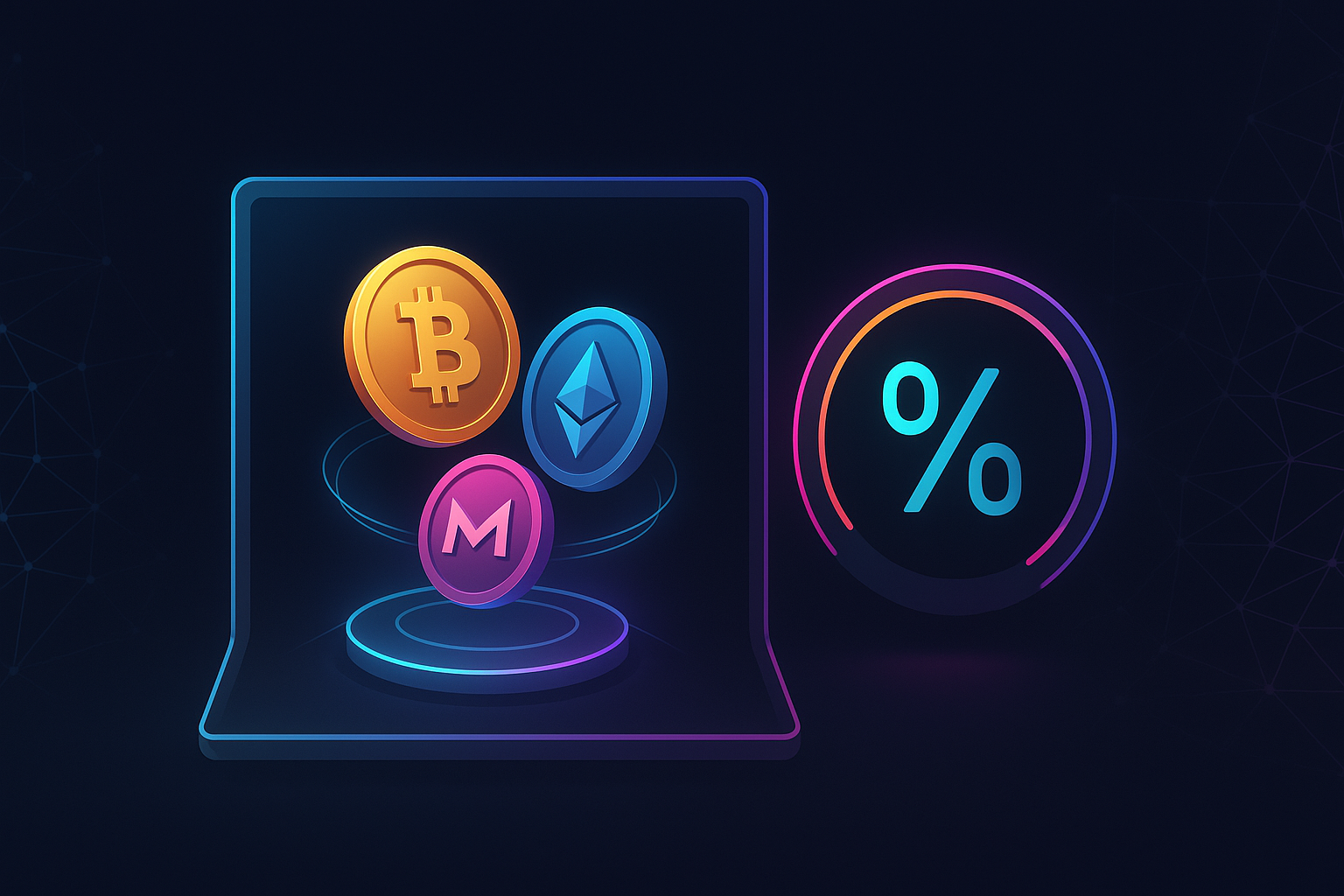 Holographic crypto trading terminal with neon coins and low-fee meter on dark tech background